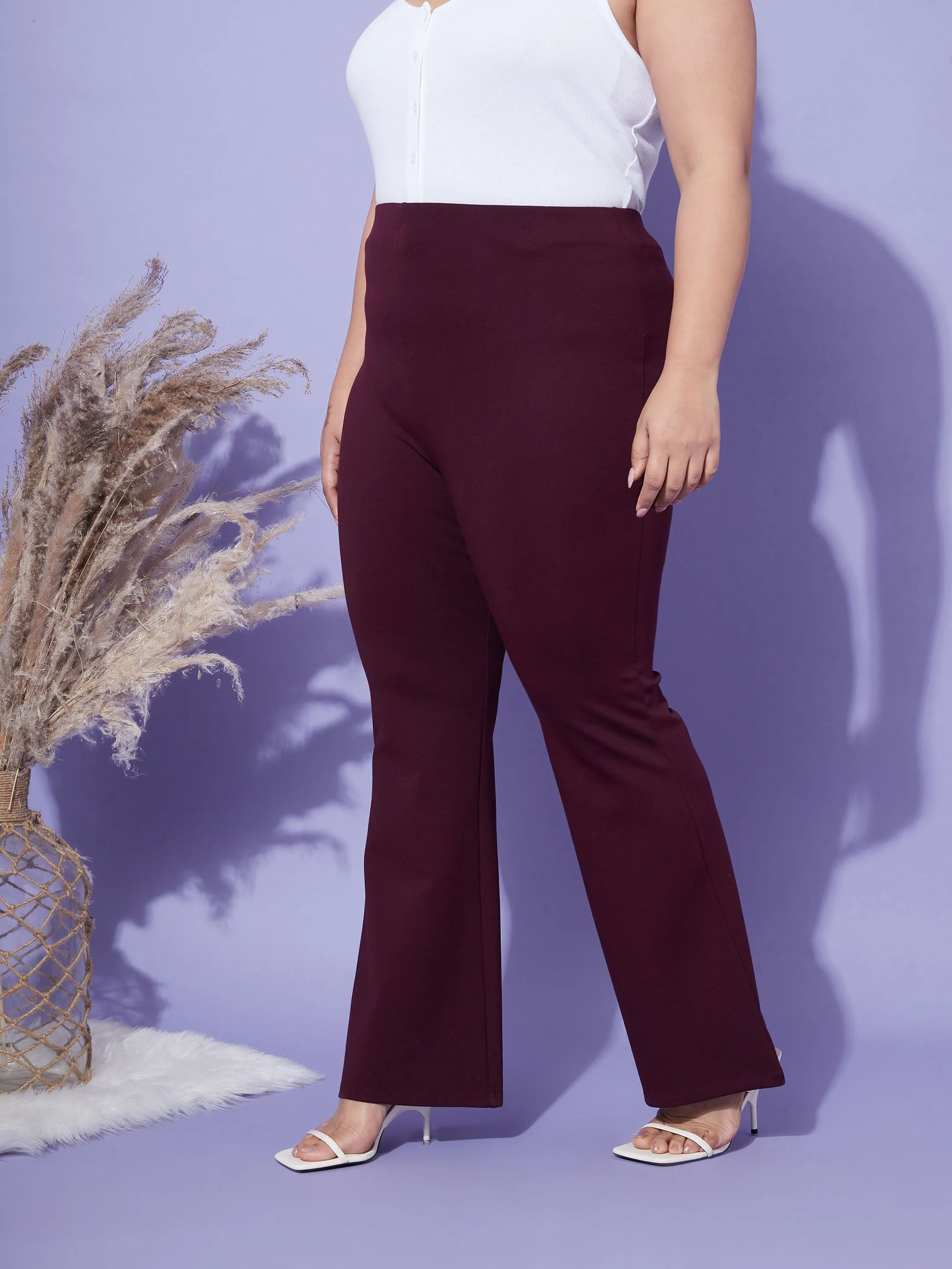 Women Burgundy Bell Bottom 4-Way Stretch Trousers