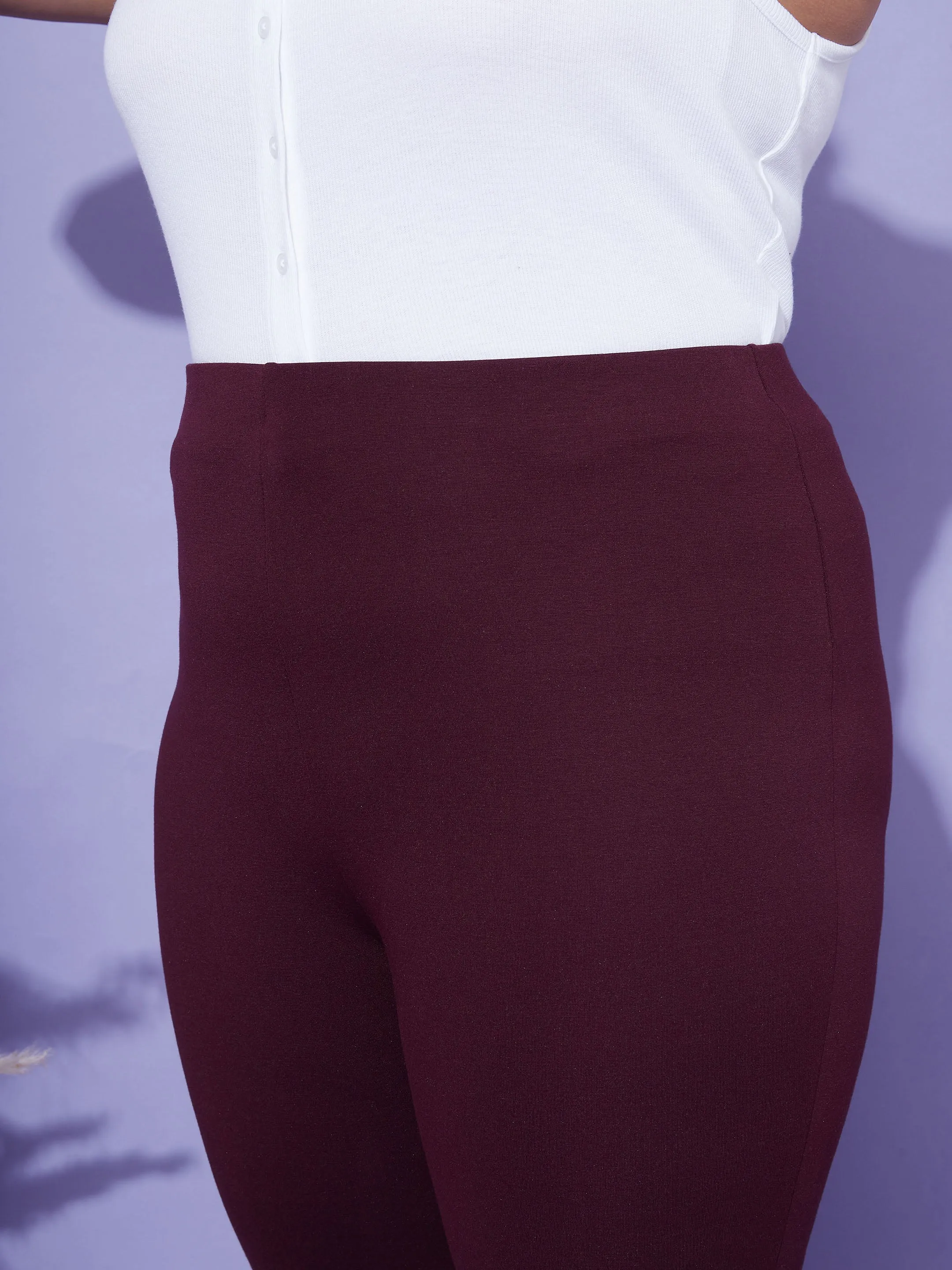 Women Burgundy Bell Bottom 4-Way Stretch Trousers