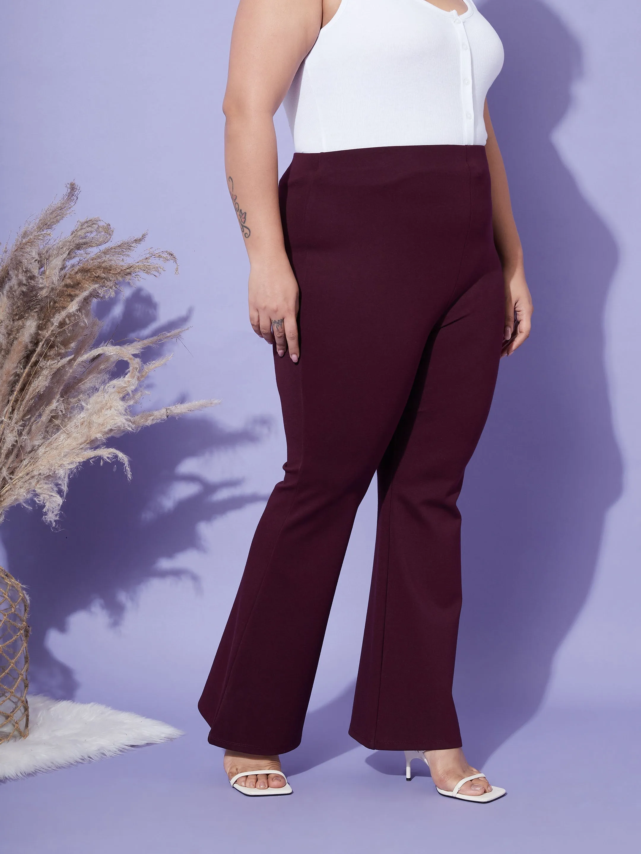 Women Burgundy Bell Bottom 4-Way Stretch Trousers