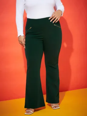 Women Emerald Zipper Bell Bottom Trousers