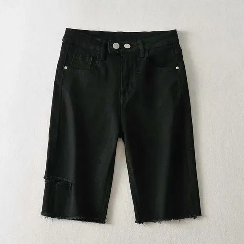 Women Frayed Denim Mid-length Denim Pants