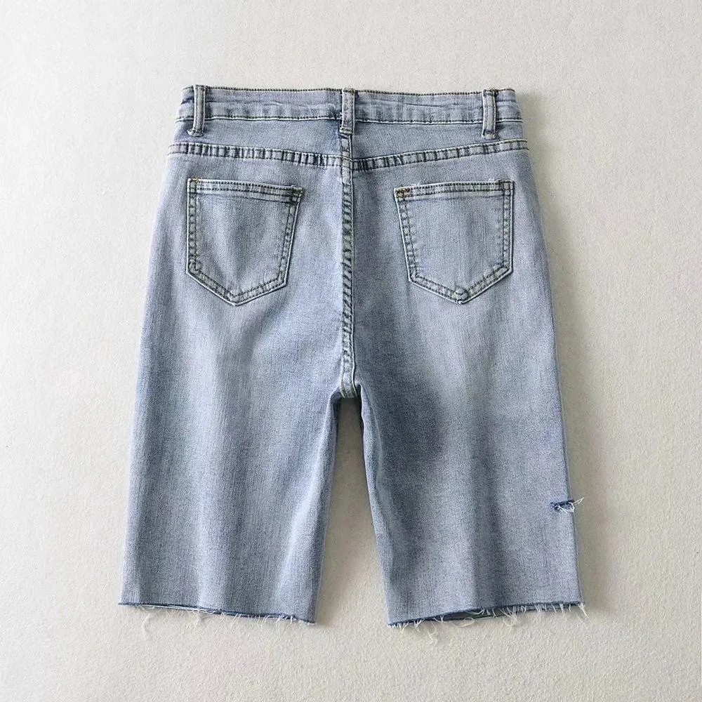 Women Frayed Denim Mid-length Denim Pants