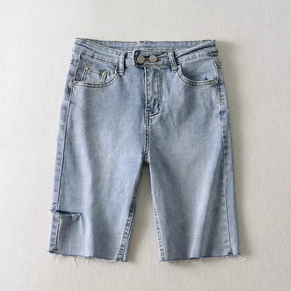 Women Frayed Denim Mid-length Denim Pants