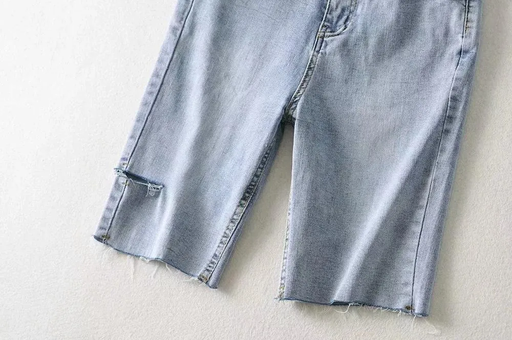 Women Frayed Denim Mid-length Denim Pants