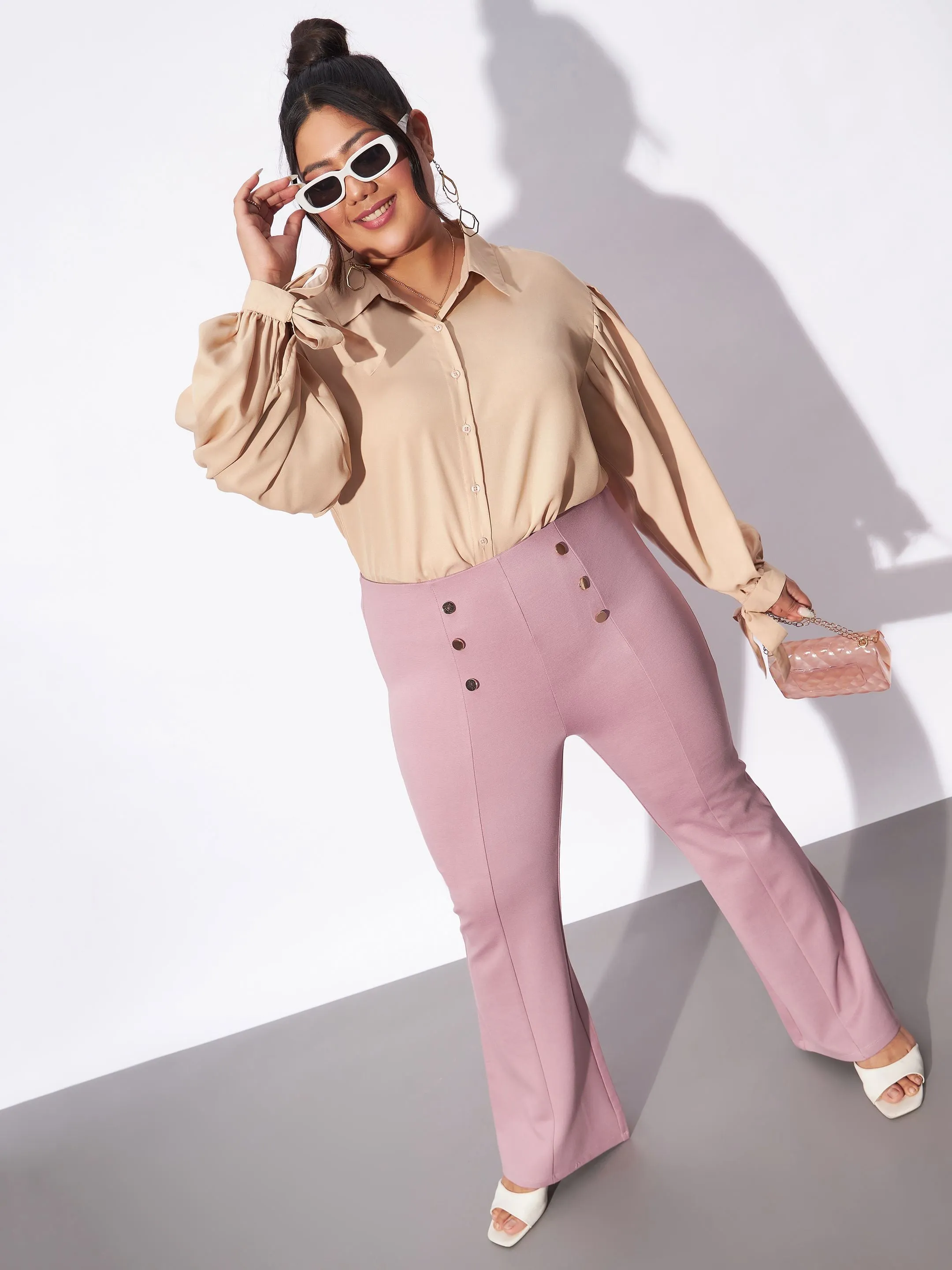 Women Pale Pink Mock Button Detail Bell Bottom Trousers