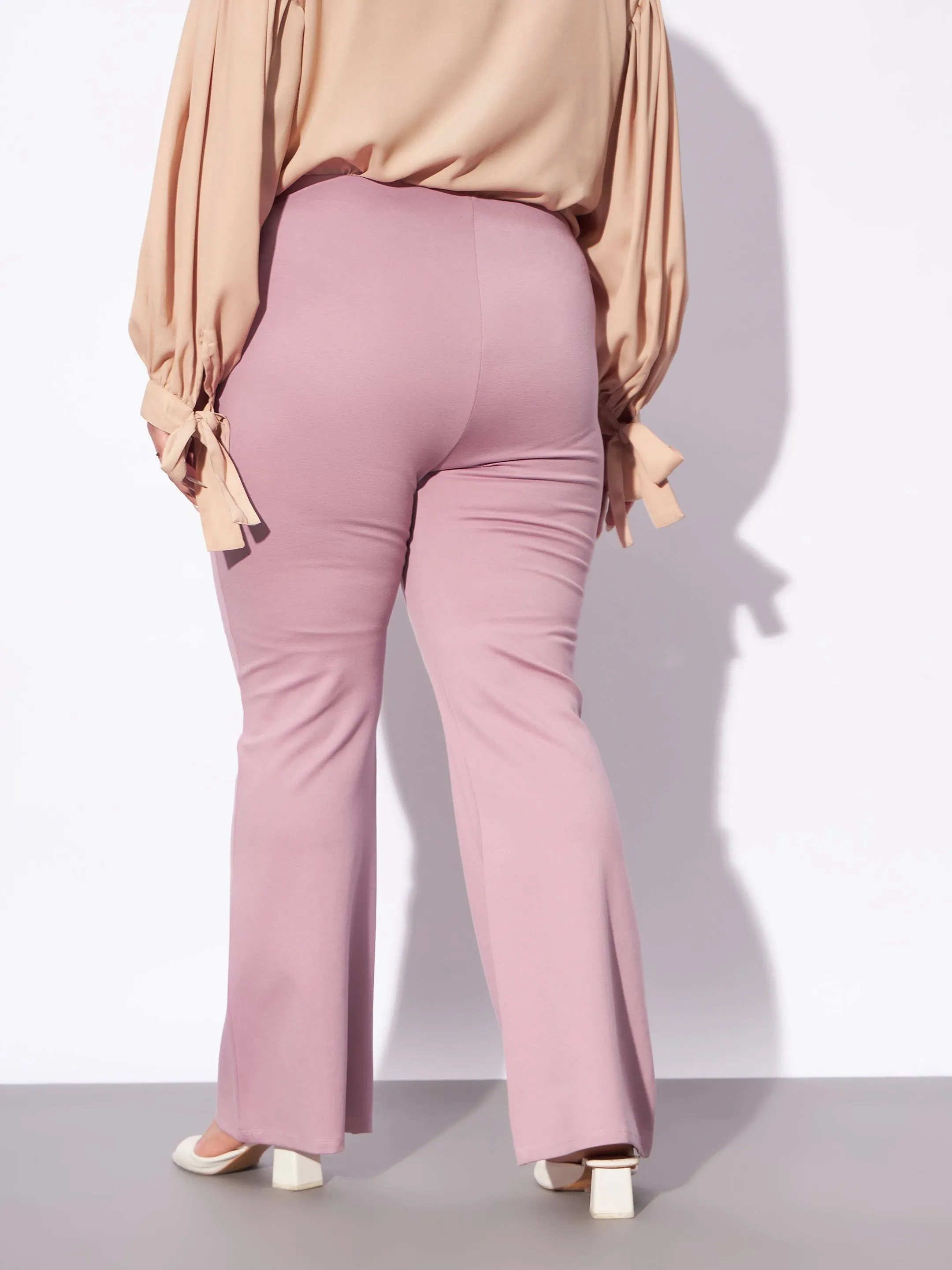 Women Pale Pink Mock Button Detail Bell Bottom Trousers