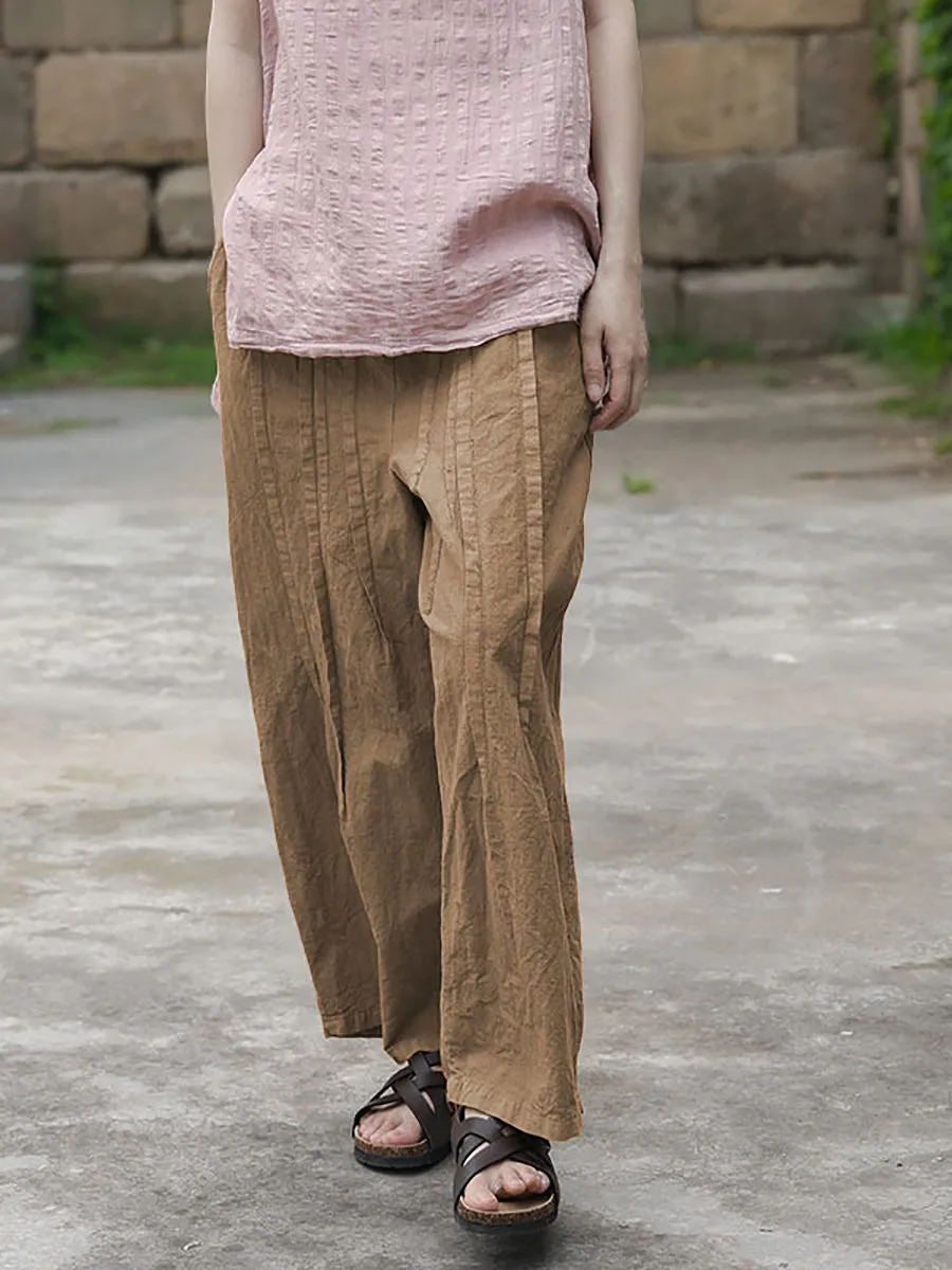 Women Summer Solid Vintage Spliced Cotton Wide-leg Pants CV1025