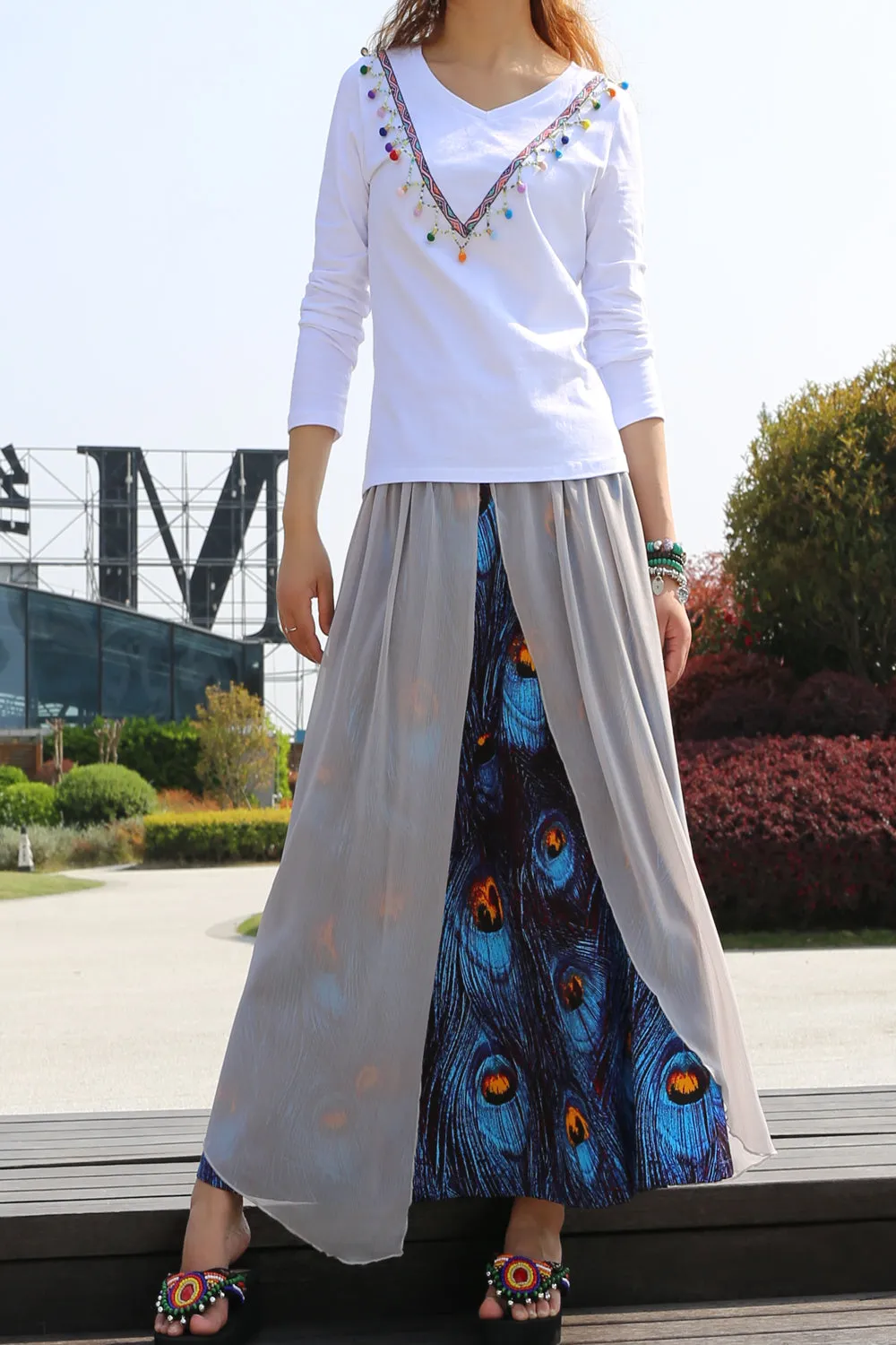 Women's Cotton and Chiffon skirt/Sari Maxi Skirt/peacock feather printed skirt/long skirt/elastic waist skirt(Q1106)