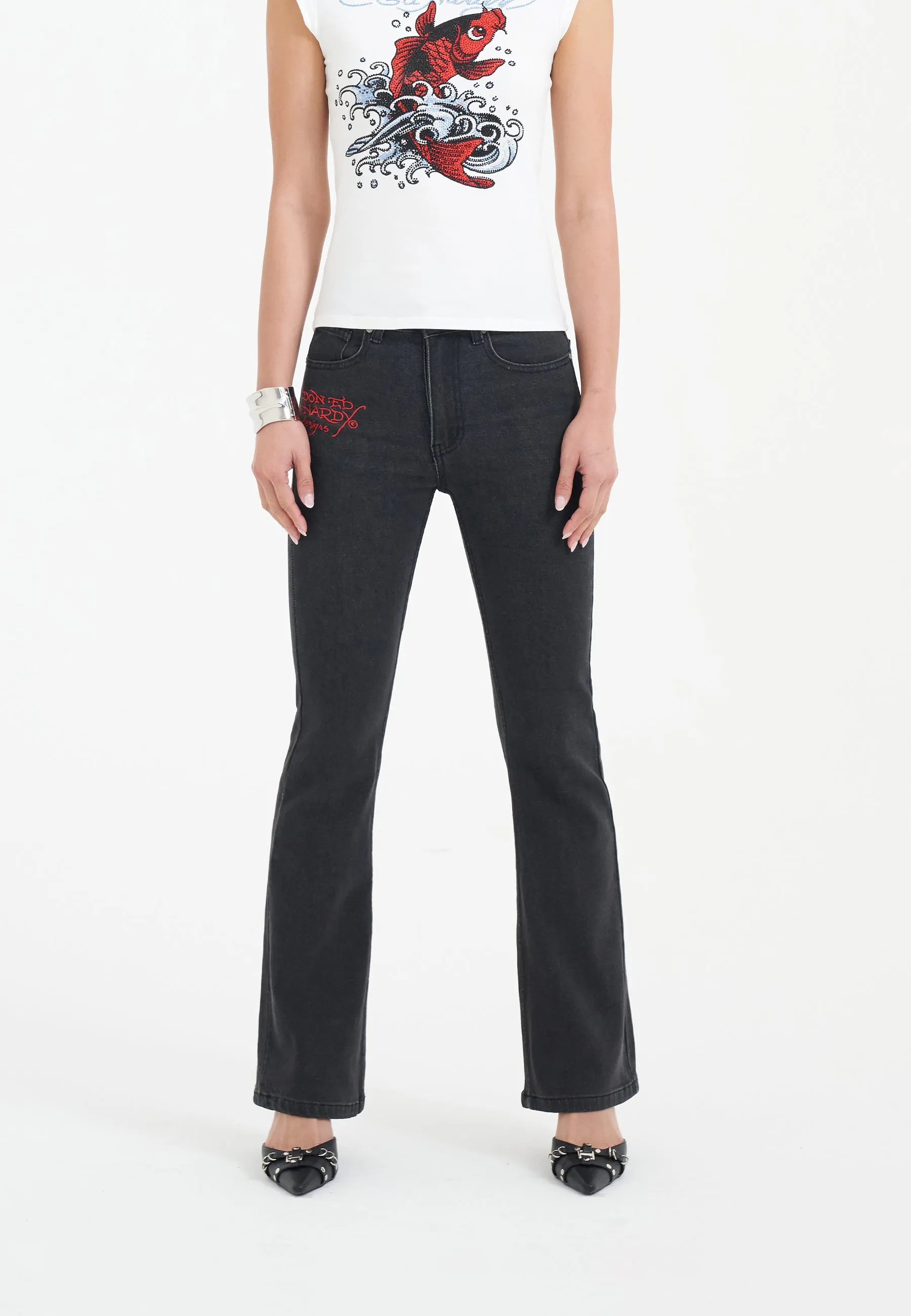 Womens Crystal Koi Flared Denim Trousers Jeans - Black