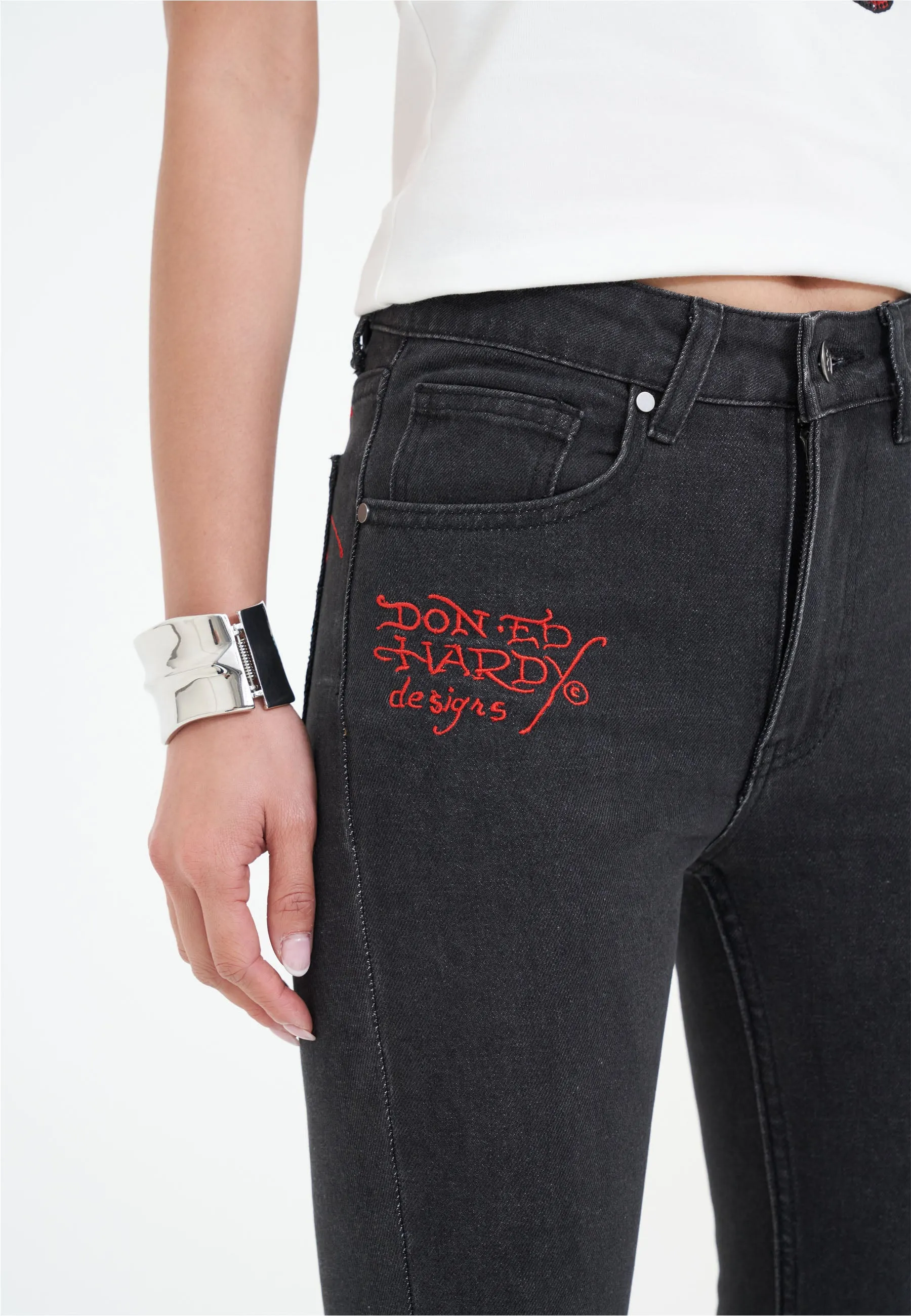 Womens Crystal Koi Flared Denim Trousers Jeans - Black