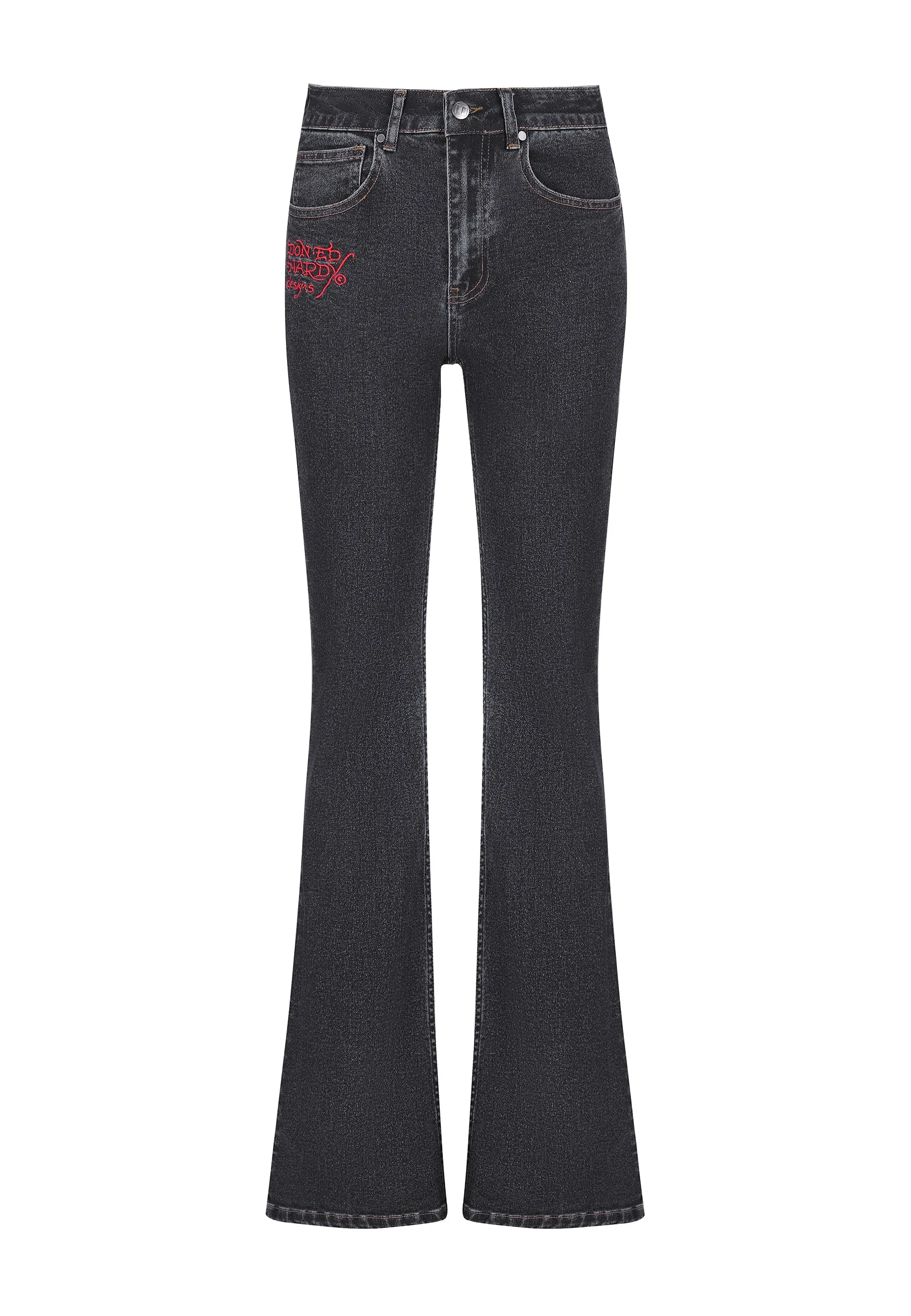 Womens Crystal Koi Flared Denim Trousers Jeans - Black