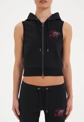 Womens Love Eternal Sleeveless Zip Thru Cropped Hoodie - Black