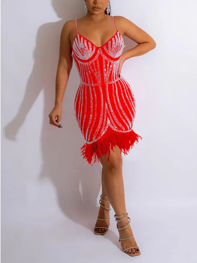 Women's Rhinestone Feather Wrap Dress