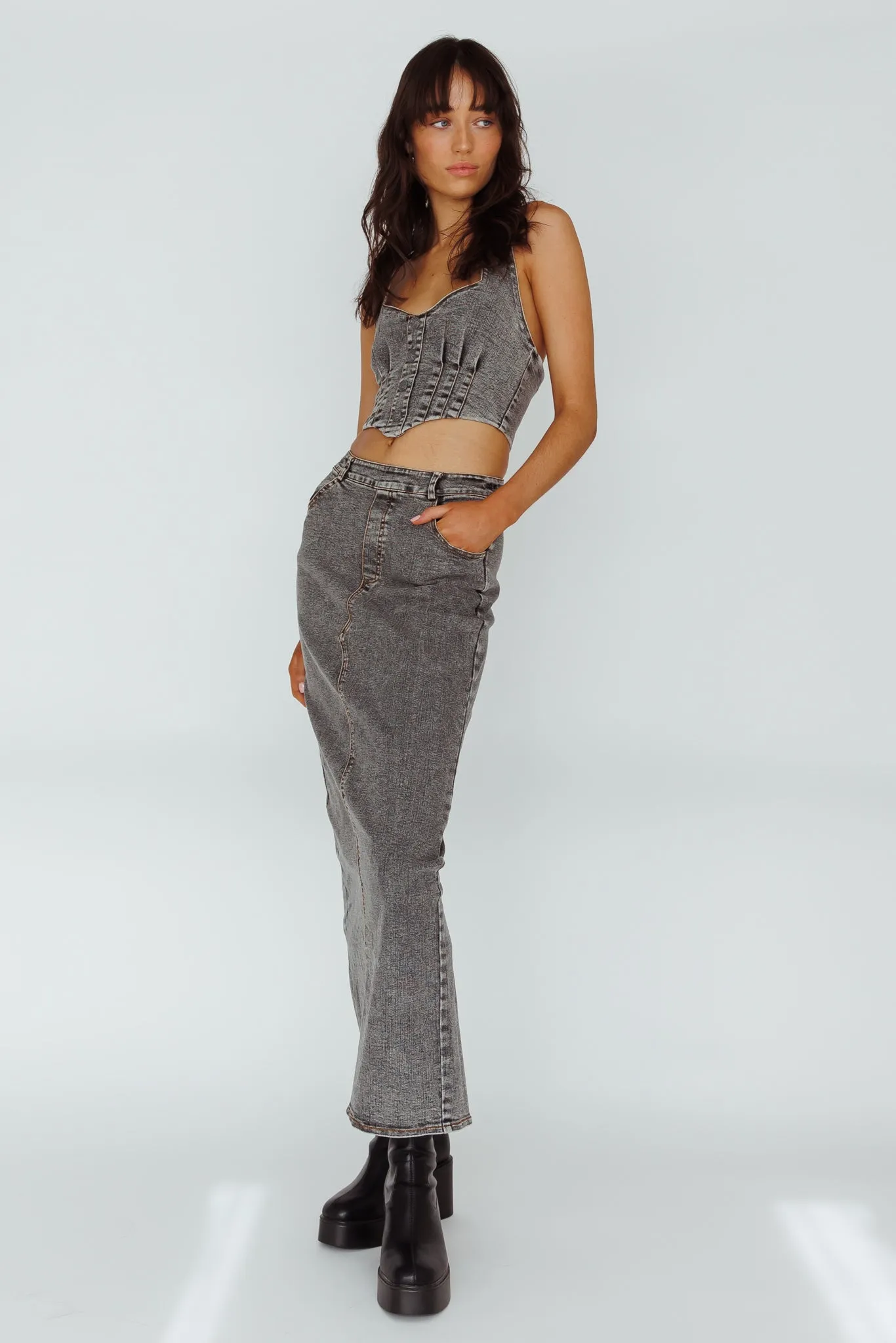 Zurich Pocket Maxi Skirt Denim Grey